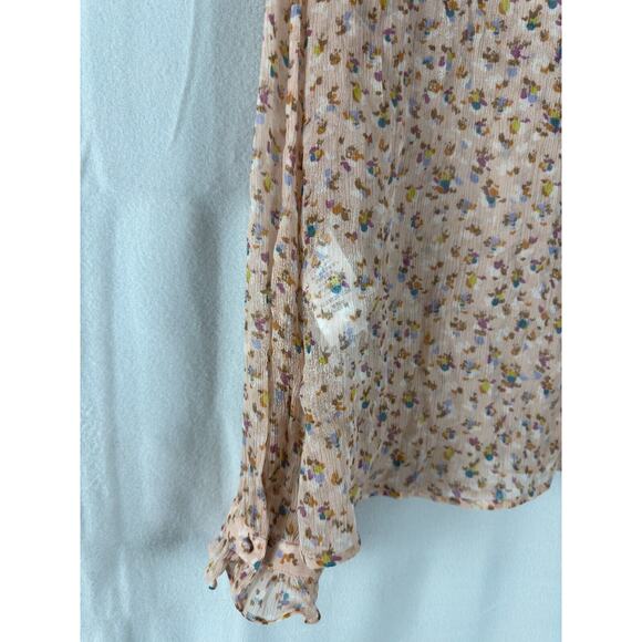 COACH Sz 4 Floral Ruffle Blouse 100% Silk Chiffon Peachy Button Top Semi-Sheer - Picture 6 of 10